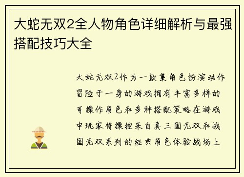 大蛇无双2全人物角色详细解析与最强搭配技巧大全 大蛇无双2全人物角色详细解析与最强搭配技巧大全
