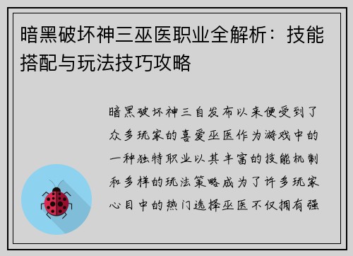 暗黑破坏神三巫医职业全解析：技能搭配与玩法技巧攻略